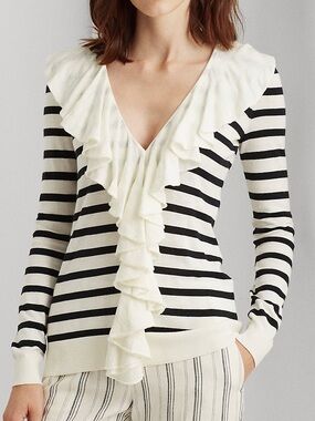 Ralph Lauren Black and Cream Striped V-Neck Sweater
